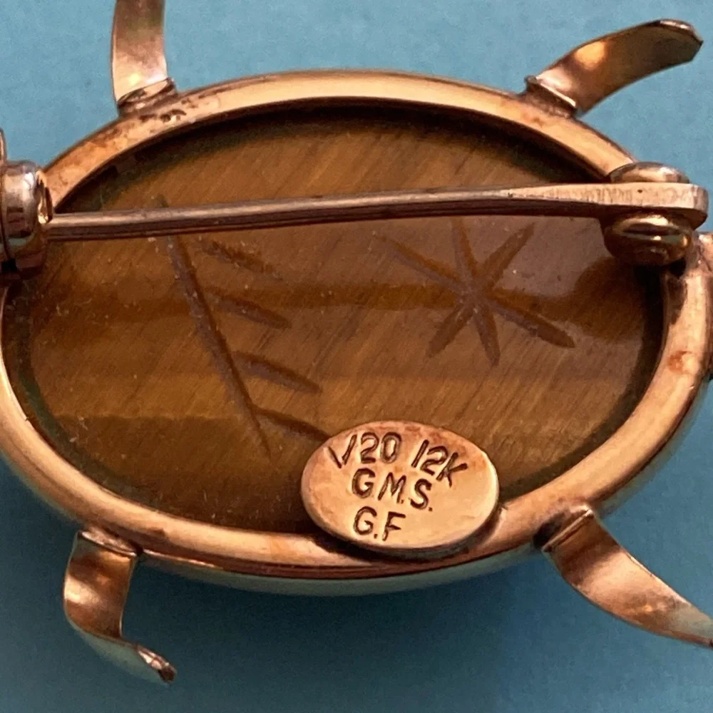 Vintage 60s 12K GF Tigers Eye Stone Carved Scarab Turtle Broach